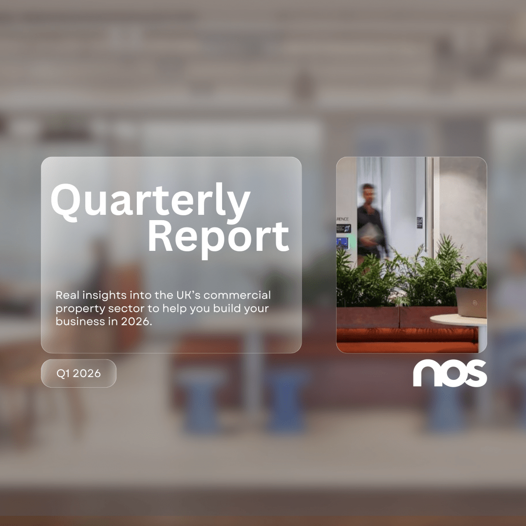 Nos › banner image for a quarterly report promotion showing blurred office background and the title 'quarterly report' with a subheading about real insights into the uk's commercial property market for 2026.
