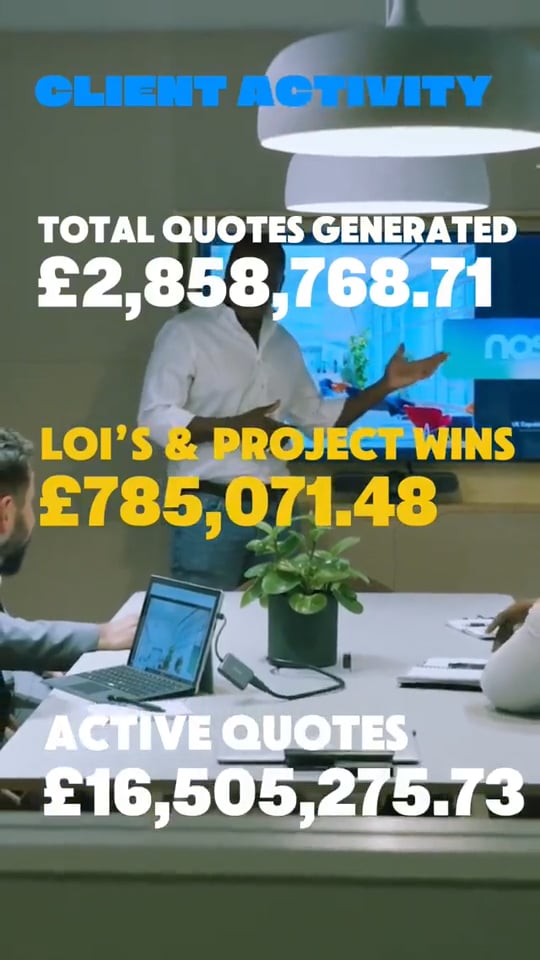 Nos › infographic in a conference room showing client activity totals: £2,658,768. 71; £785,071. 48 in lois and wins; £16,505,275. 73 active quotes.