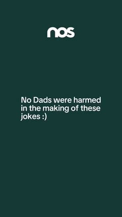 Nos › dark teal screen with a white 'nbs' logo at the top and the caption: "no dads were harmed in the making of these jokes :)"