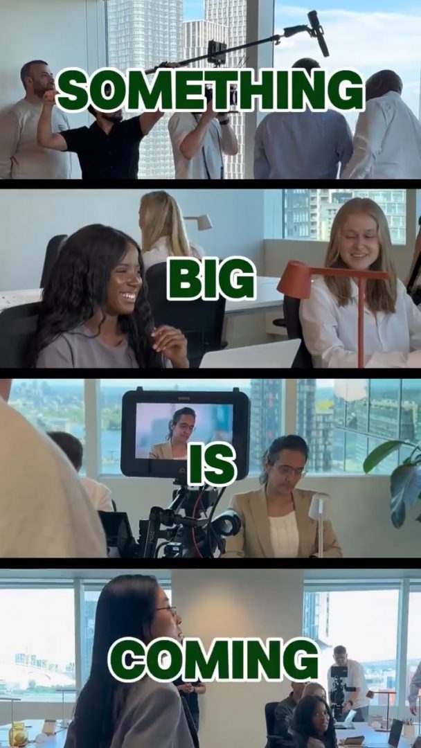 Nos › teaser collage showing a production set and office workers with bold green text reading 'something big is coming'.