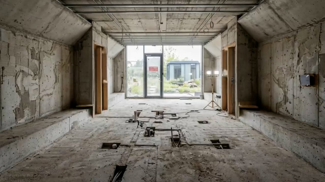 Nos › interior of an unfinished building with concrete walls, debris on the floor, and a glass door at the far end opening to an exterior area