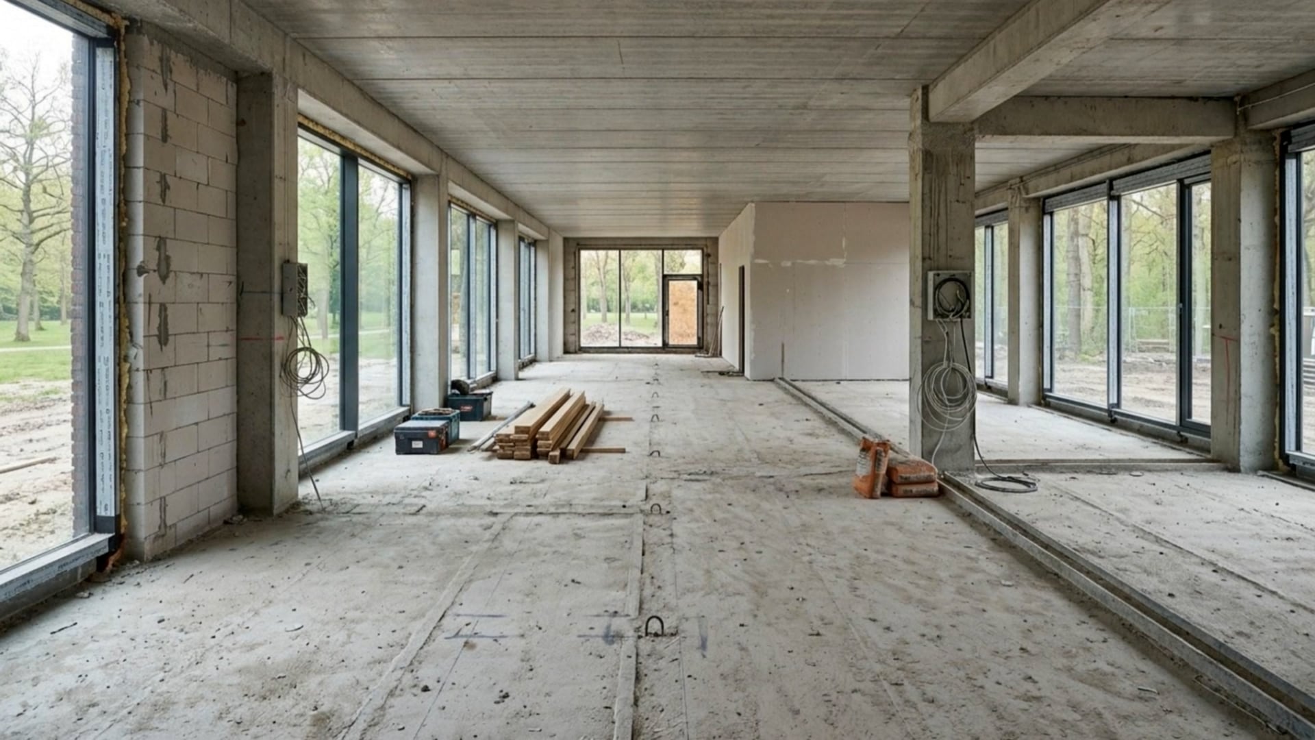 Nos › unfinished interior of a construction site with large windows along both sides, exposed concrete, and scattered wooden planks and toolboxes on the floor.
