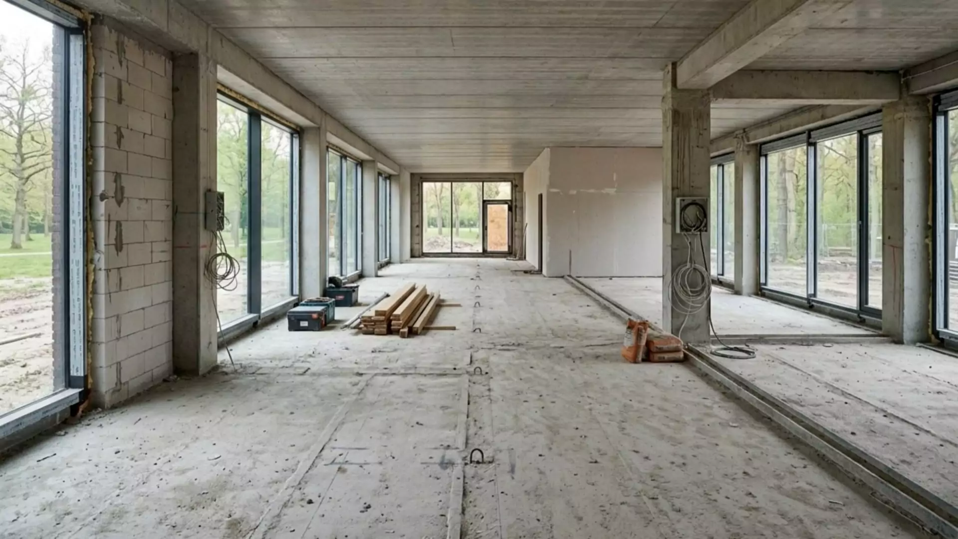 Nos › unfinished interior of a construction site with large windows along both sides, exposed concrete, and scattered wooden planks and toolboxes on the floor.