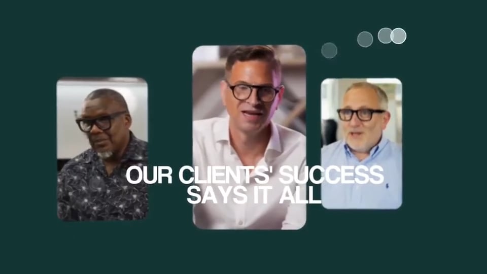 Nos › montage of three men in glasses on rounded panels with the text: 'our clients' success says it all' on a dark teal background