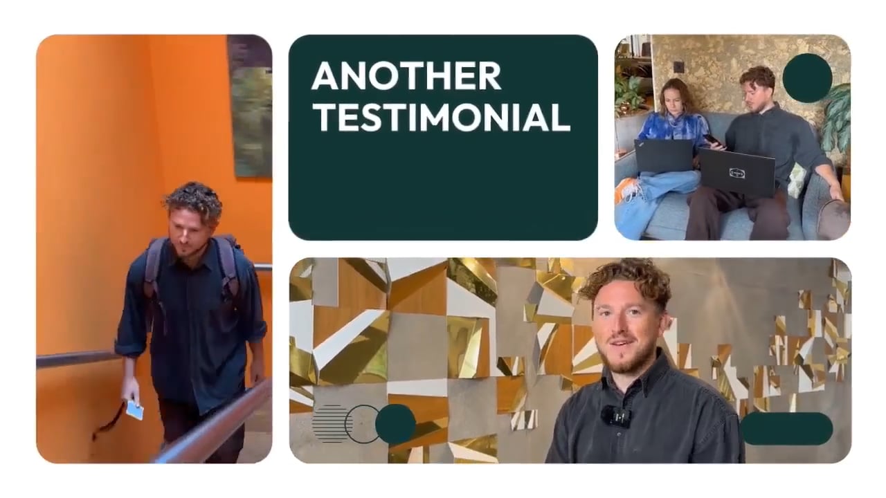 Nos › collage showing four panels: man with backpack on orange stairs, a dark green panel reading 'another testimonial', two people with laptops on a couch, and a man in front of a gold geometric wall.