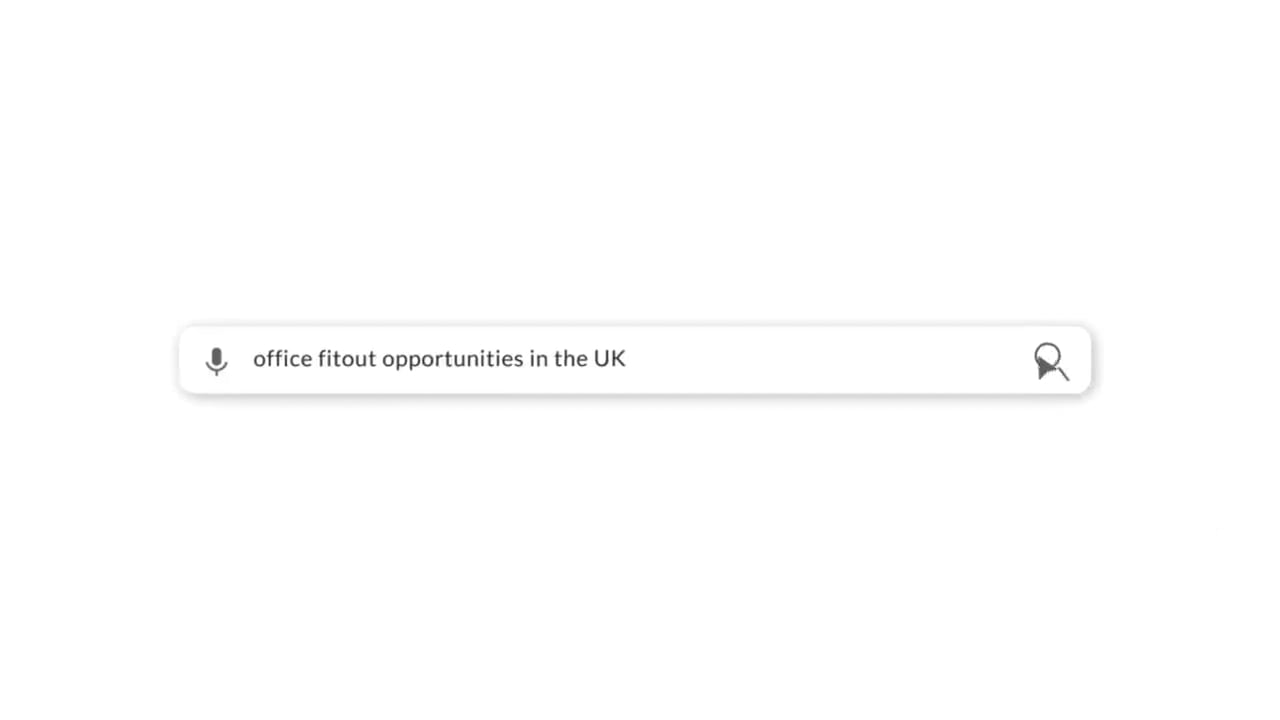 Nos › search bar with placeholder 'office fitout opportunities in the uk', featuring a microphone icon on the left and a bookmark icon on the right.
