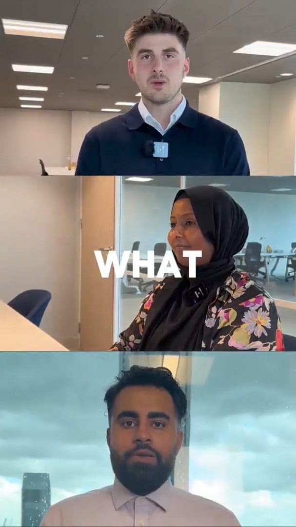 Nos › top panel: man in a navy sweater speaking in an office setting; middle panel: woman in a hijab with the word 'what' overlaid; bottom panel: man with a beard by a glass window.